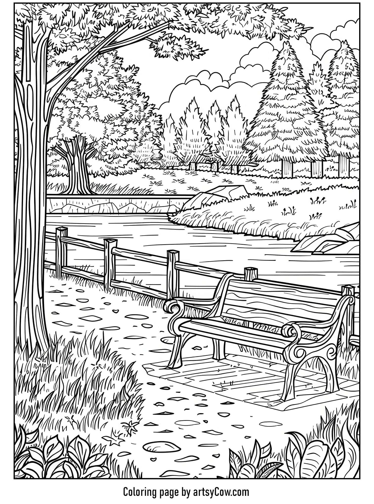 an elegantly drawn park bench surrounded by lush trees beside a gentle stream